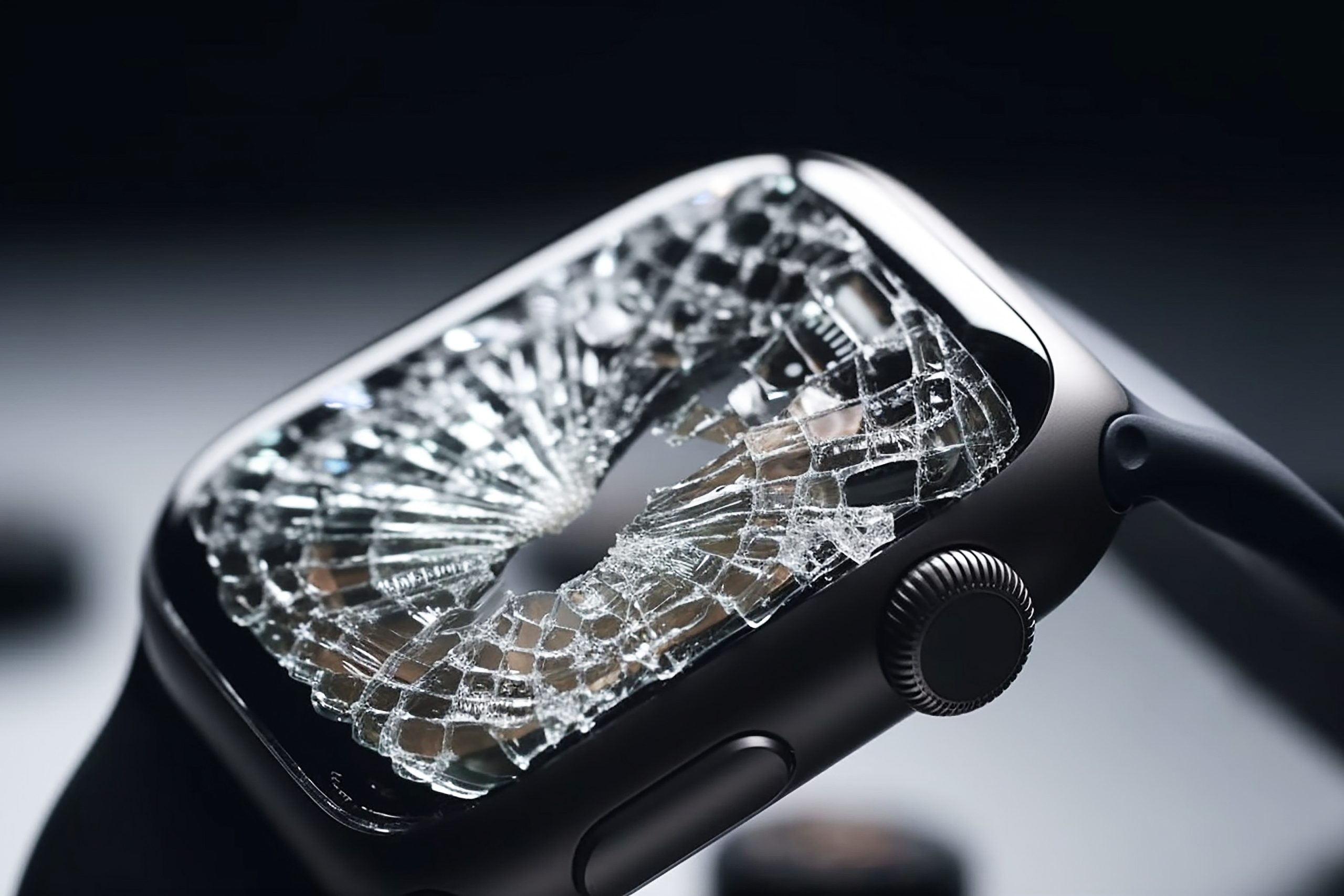 Broken electronic wristwatch, broken smart watch screen. Generative AI