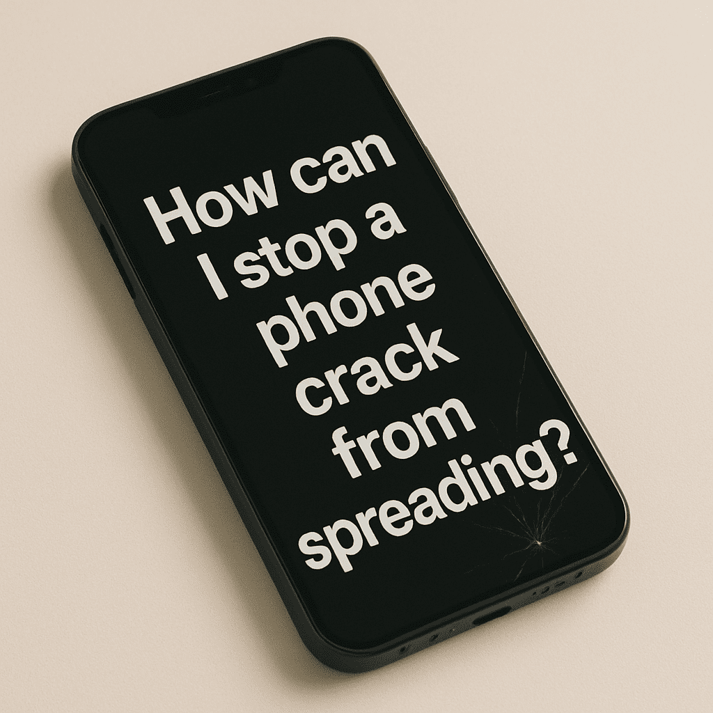 An iPhone with words on the screen that say: How can I stop a phone crack from spreading?